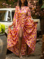 Aurohaya Vibrant Abstract Print Ruched High-Slit Maxi Dress Orange