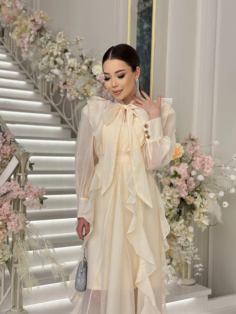 Aurohaya Chiffon Ruffle Maxi Dress — Bow-Tie Modest Evening Gown