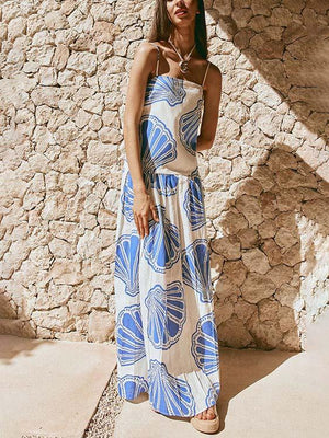 Aurohaya Holiday Casual Ocean Shell Print Sling Maxi Dress