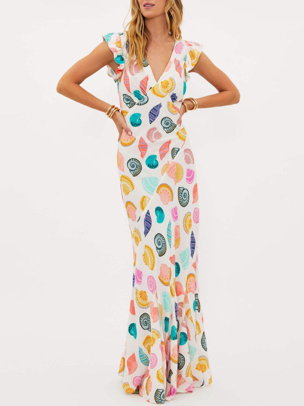 Aurohaya Exquisite Ocean Shell Print V-Neck Maxi Dress