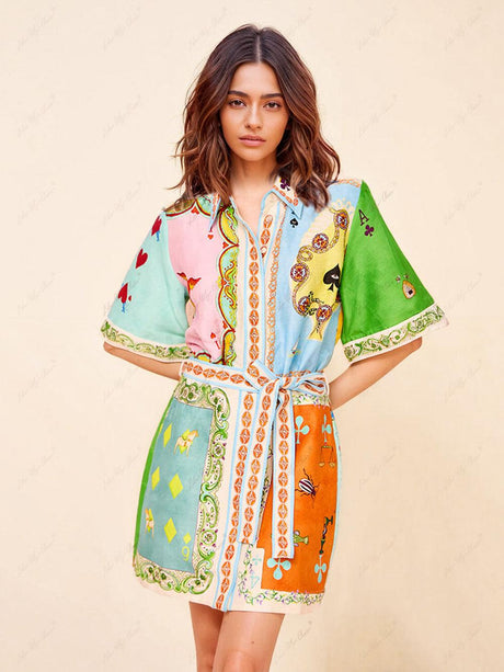 Aurohaya Casual Fashionable Fun Printed Shirt Cardigan Short Dress Multi-Color
