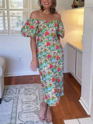 Aurohaya Bubble-Sleeve Floral Dress