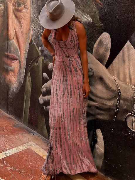 Aurohaya Tie-dye Print Back Lace-up Stretch Maxi Dress Pink