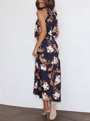 Aurohaya Floral Halter Neck Elastic Waist Maxi Dress