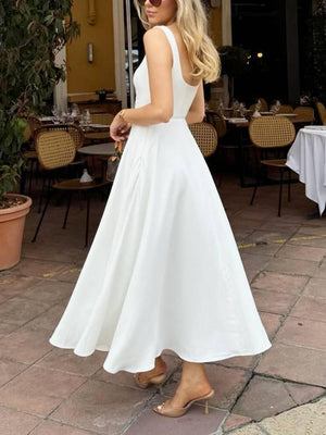 Aurohaya Elegant Sling Square Collar Large Swing MidI Dress