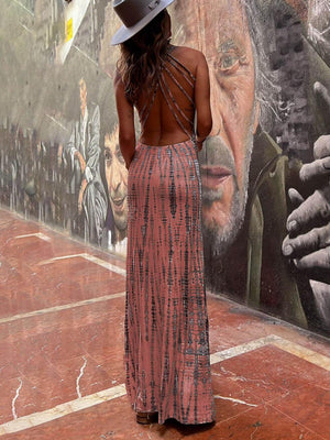 Aurohaya Tie-dye Print Back Lace-up Stretch Maxi Dress