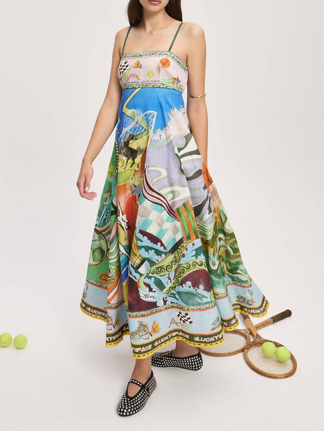 Aurohaya Casual Unique Pattern Print Suspenders Loose Maxi Dress Multicolor