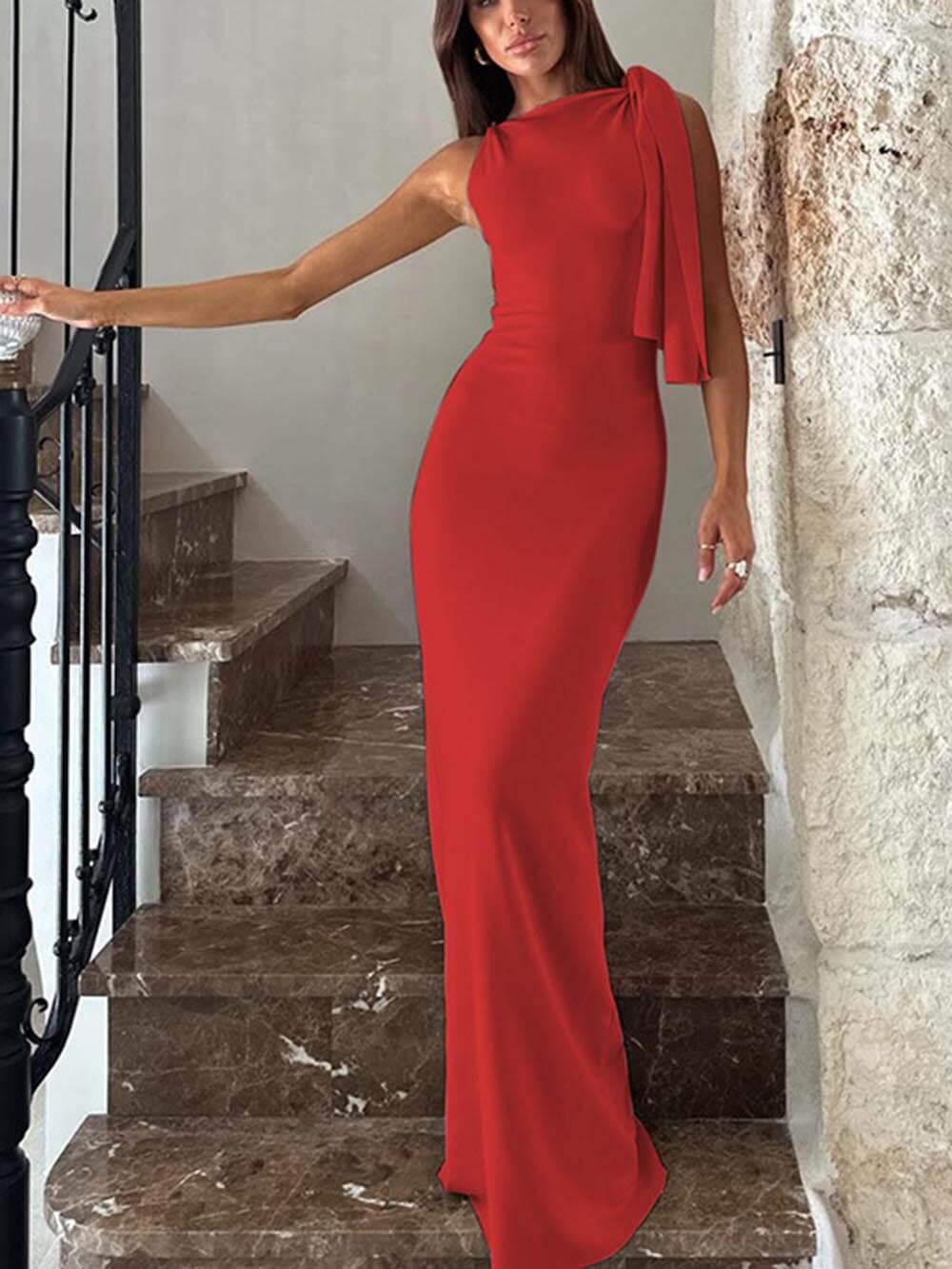 Aurohaya Fashion One Shoulder Ribbon Party Maxi Dress Red
