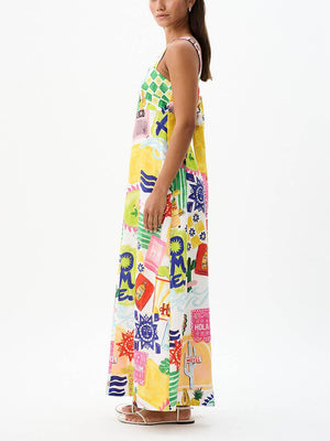 Aurohaya Unique Tie Back Closure Graphic Print Loose Holiday Maxi Dress