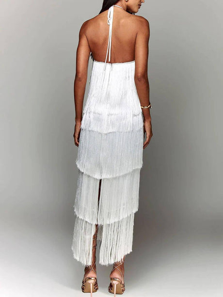 Aurohaya Fashionable Halter Neck Tassel Backless Slit Party Dress
