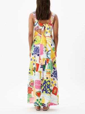 Aurohaya Unique Tie Back Closure Graphic Print Loose Holiday Maxi Dress