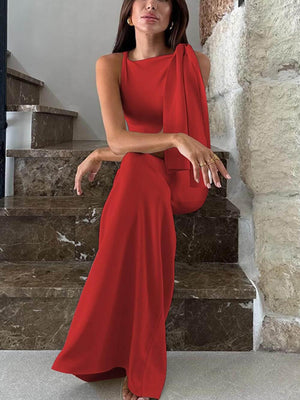 Aurohaya Fashion One Shoulder Ribbon Party Maxi Dress