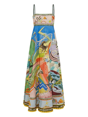 Aurohaya Casual Unique Pattern Print Suspenders Loose Maxi Dress