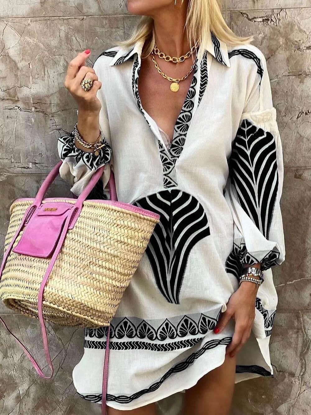 Aurohaya Simple Unique Print Holiday Mini Dress Black