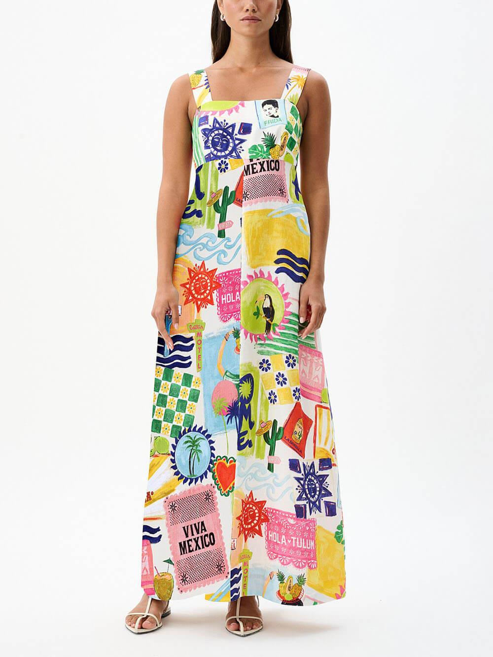 Aurohaya Unique Tie Back Closure Graphic Print Loose Holiday Maxi Dress
