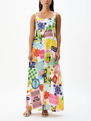 Aurohaya Unique Tie Back Closure Graphic Print Loose Holiday Maxi Dress