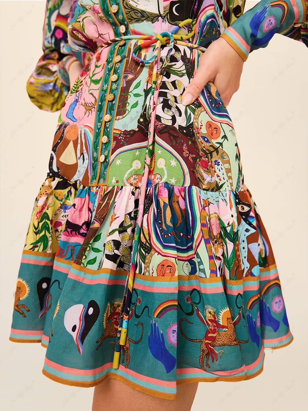 Aurohaya Casual Graffiti Evergreen Printing Mini Dress