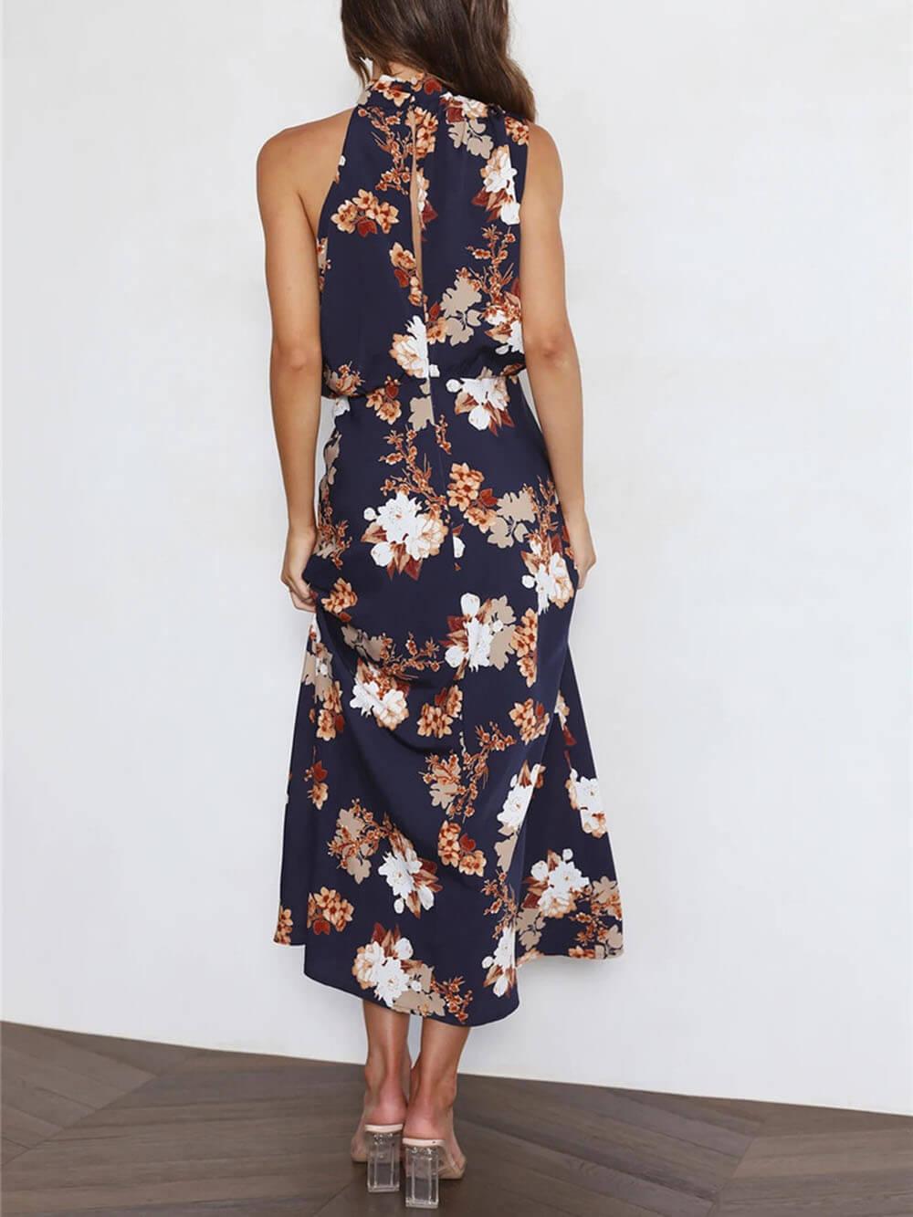 Aurohaya Floral Halter Neck Elastic Waist Maxi Dress