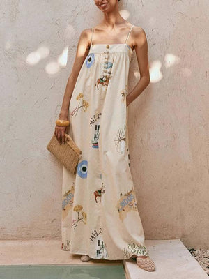 Aurohaya Sling Printed Maxi Dress Apricot