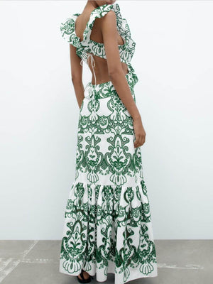 Aurohaya Elegant Unique Ethnic Print Ruffled Lace Dress