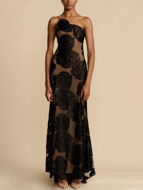 Aurohaya Rose Flower Three-Dimensional Burnt Flower Maxi Dress