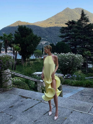 Aurohaya Asymmetric Rolled Hem Midi Dress Yellow