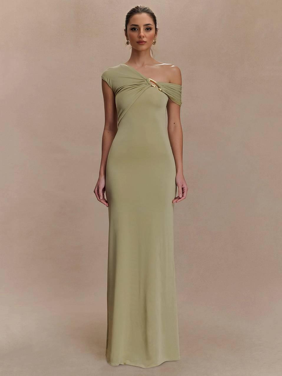 Aurohaya Off-shoulder Asymmetric Design Slim-fit Maxi Dress Light Green