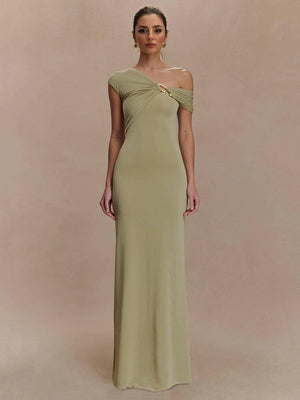 Aurohaya Off-shoulder Asymmetric Design Slim-fit Maxi Dress Light Green