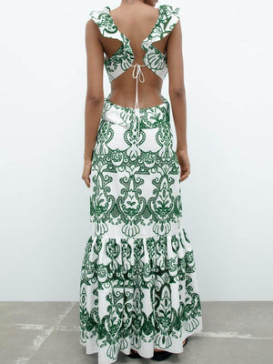 Aurohaya Elegant Unique Ethnic Print Ruffled Lace Dress