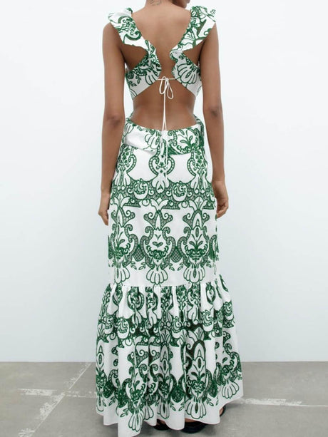 Aurohaya Elegant Unique Ethnic Print Ruffled Lace Dress