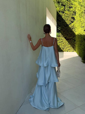 Aurohaya Elegant Three-layer Ruffle Sling Maxi Dress