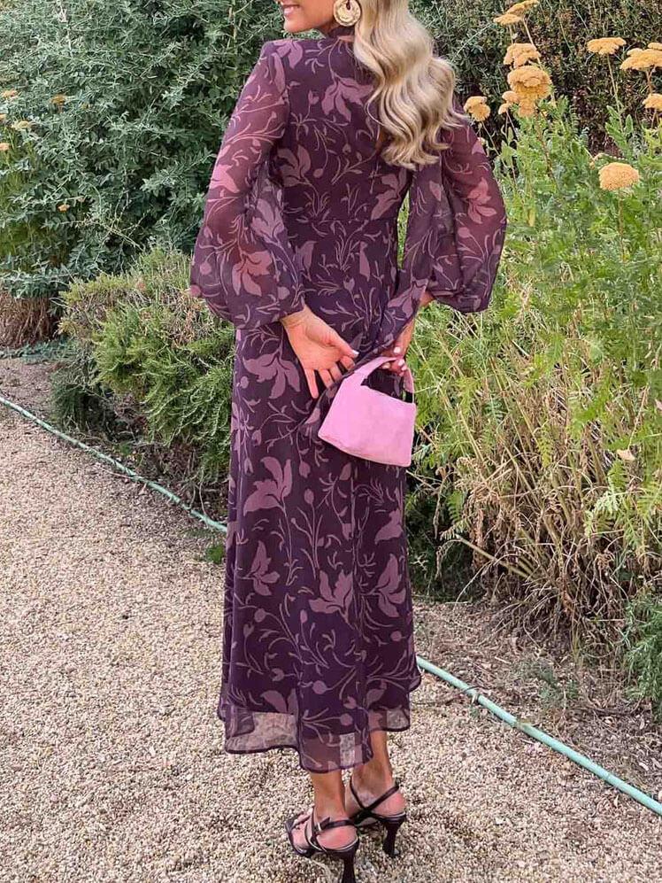 Aurohaya V-Neck Pleated Puff Sleeve Printed Dress