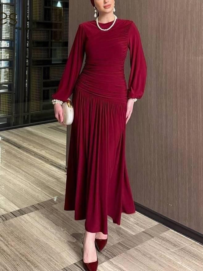 Aurohaya Pleated Long Sleeve Maxi Dress Wine Red