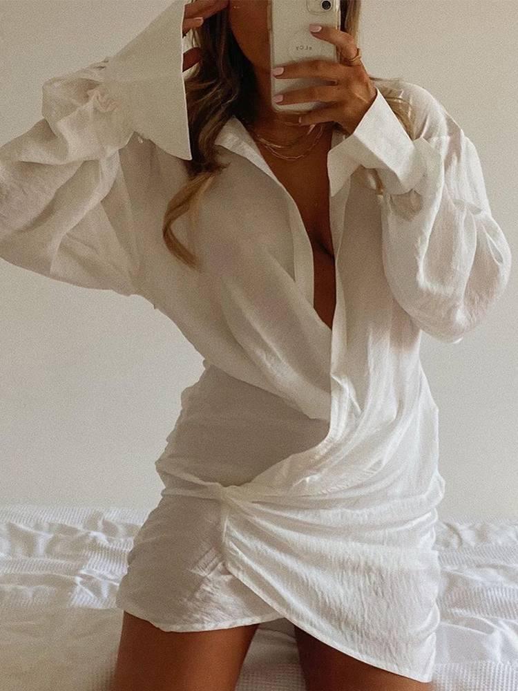 Aurohaya Deep V Hip-hugging Shirt Dress