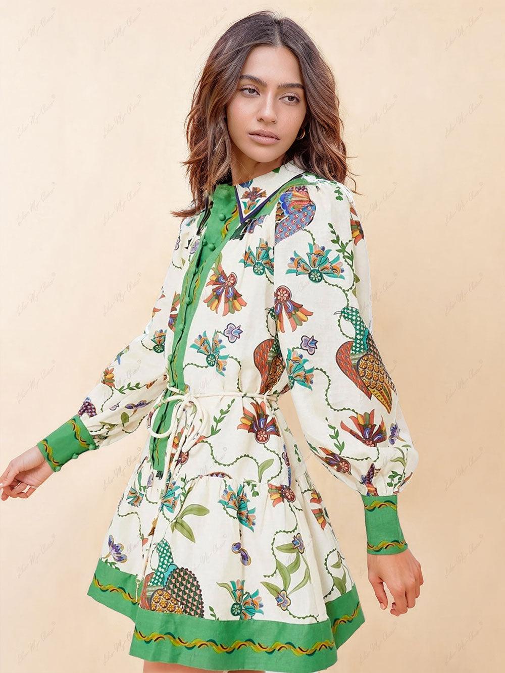 Aurohaya Unique Print Color Match Balloon Sleeve Shirt Mini Dress