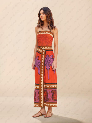 Aurohaya Unique Palm Tree Floral Off-Shoulder Midi Dress