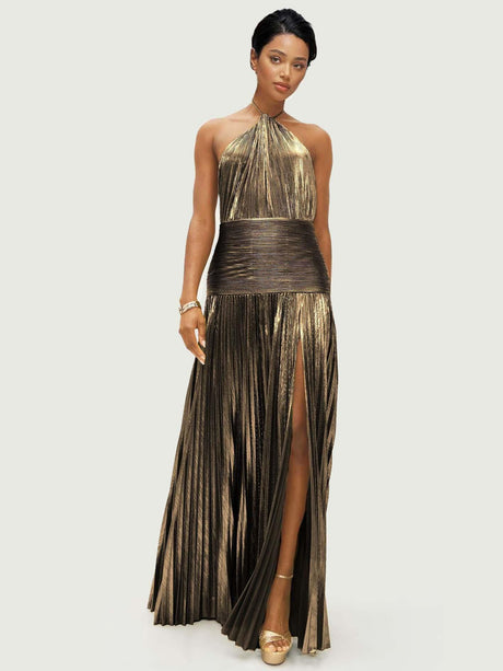Aurohaya Elegant Metallic Pleated Halter Neck Maxi Dress Antique Gold