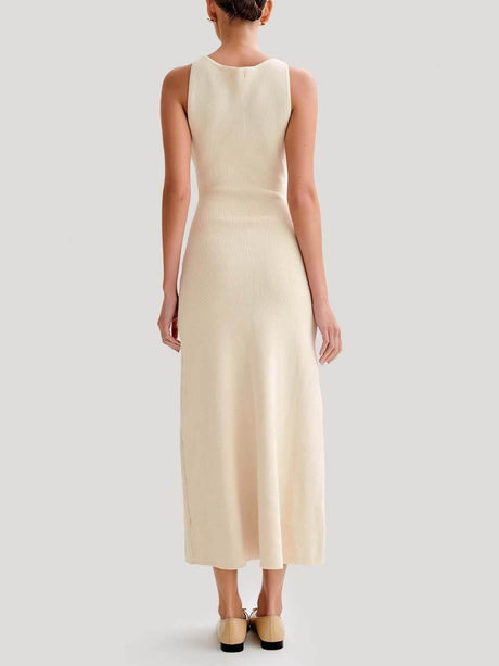 Aurohaya Elegant Crew Neck Buttoned Sleeveless Knit Midi Dress