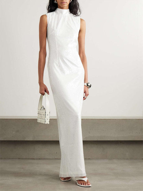 Aurohaya Elegant Sequined Turtleneck Sleeveless Maxi Dress White