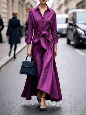Aurohaya Minimalist Lace-up Design Long Sleeve Maxi Dress Purple