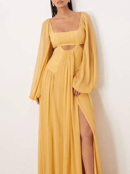 Aurohaya Vintage Square Collar Hollow Design Long Sleeve Maxi Dress