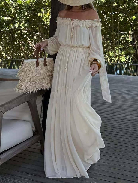 Aurohaya Vacation Style Off-shoulder Lace-up Long Sleeve Maxi Dress
