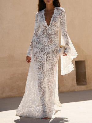 Aurohaya Elegant Lace Bell Sleeve Maxi Dress White