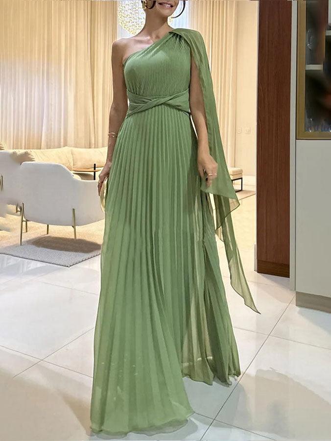 Aurohaya Elegant Flowing Pleated Off-the-Shoulder Maxi Dress Green