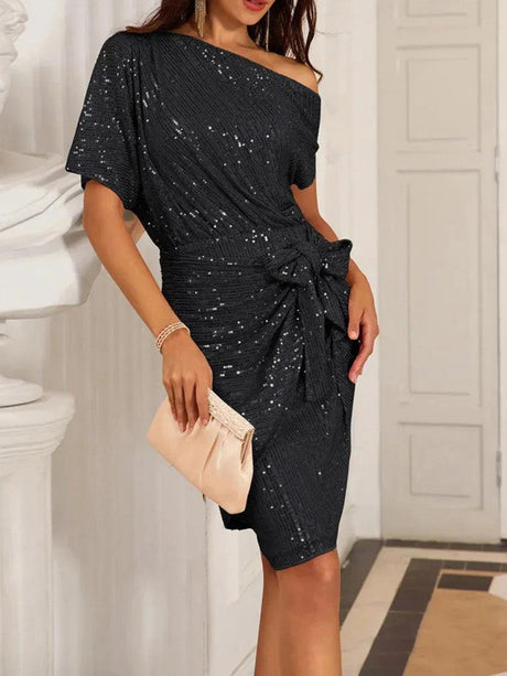 Aurohaya Elegant Sequined Asymmetrical Off-the-shoulder Mini Dress Black