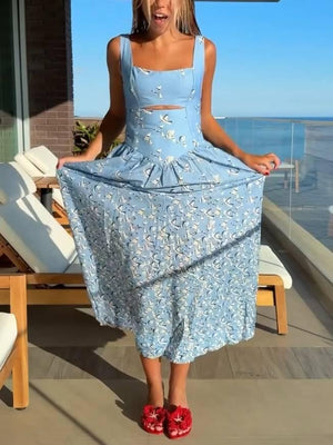 Aurohaya Hollow Design Printed Sling Dress