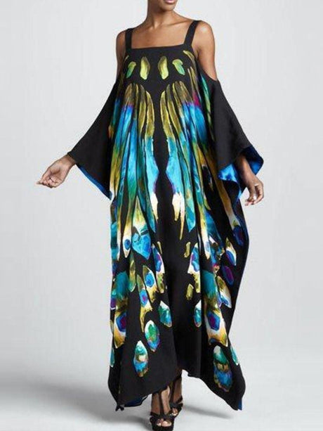 Aurohaya Unique Personalized Printed Strapless Long Sleeve Maxi Dress Multicolor