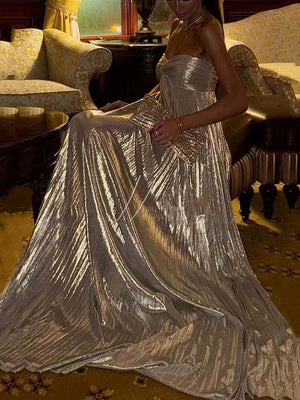 Aurohaya Metallic Pleated Off-The-Shoulder Maxi Dress