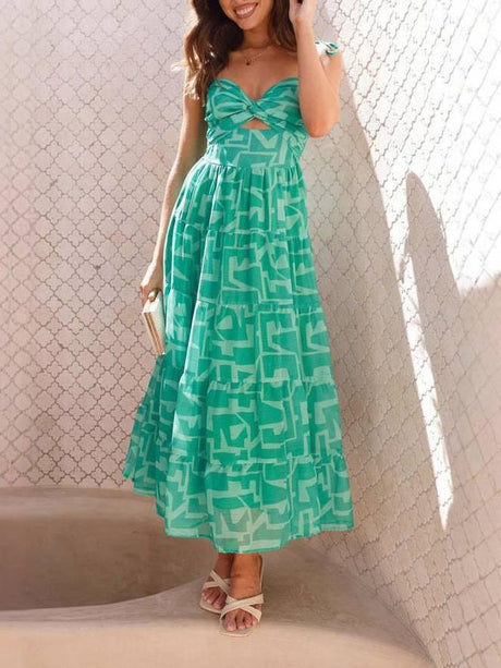 Aurohaya Printed Suspender Midi Dress Green