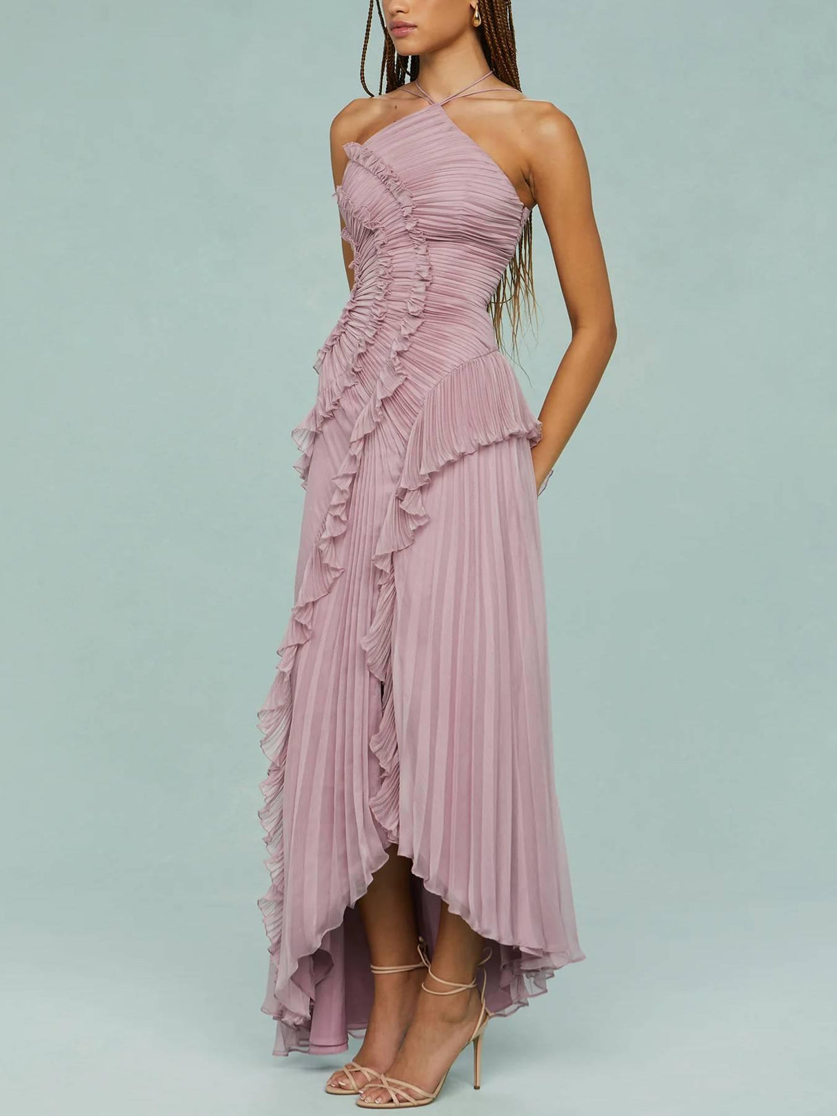 Aurohaya Halter Neck Pleated Backless Dress